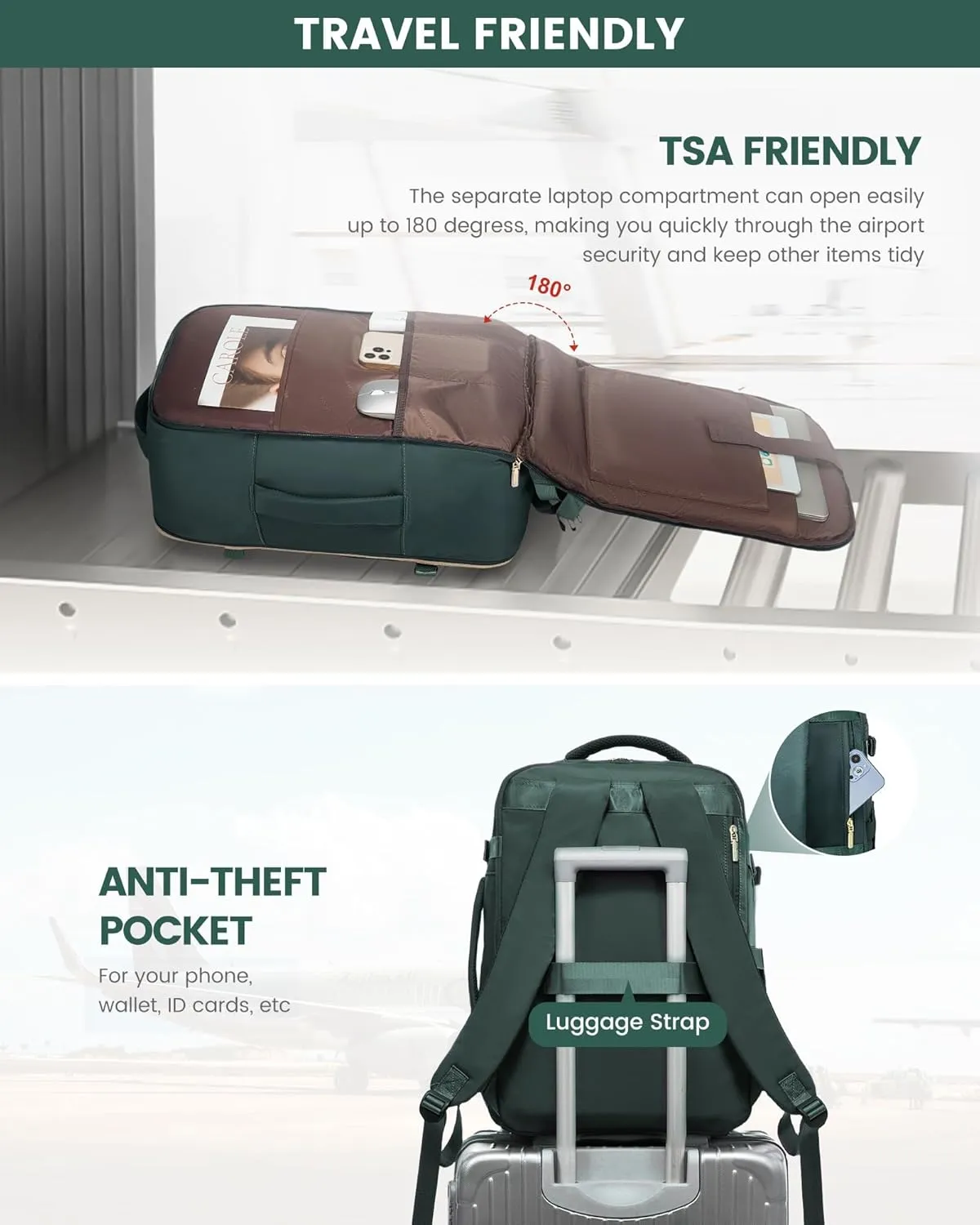 LOVEVOOK Large Travel Backpack for Women, TSA Carry on Backpack for Airplanes, 40L Personal Item Travel Bag fits 17" Laptop, Waterproof Carry on Bag Flight Approved with 4 Packing Cubes, Dark Green