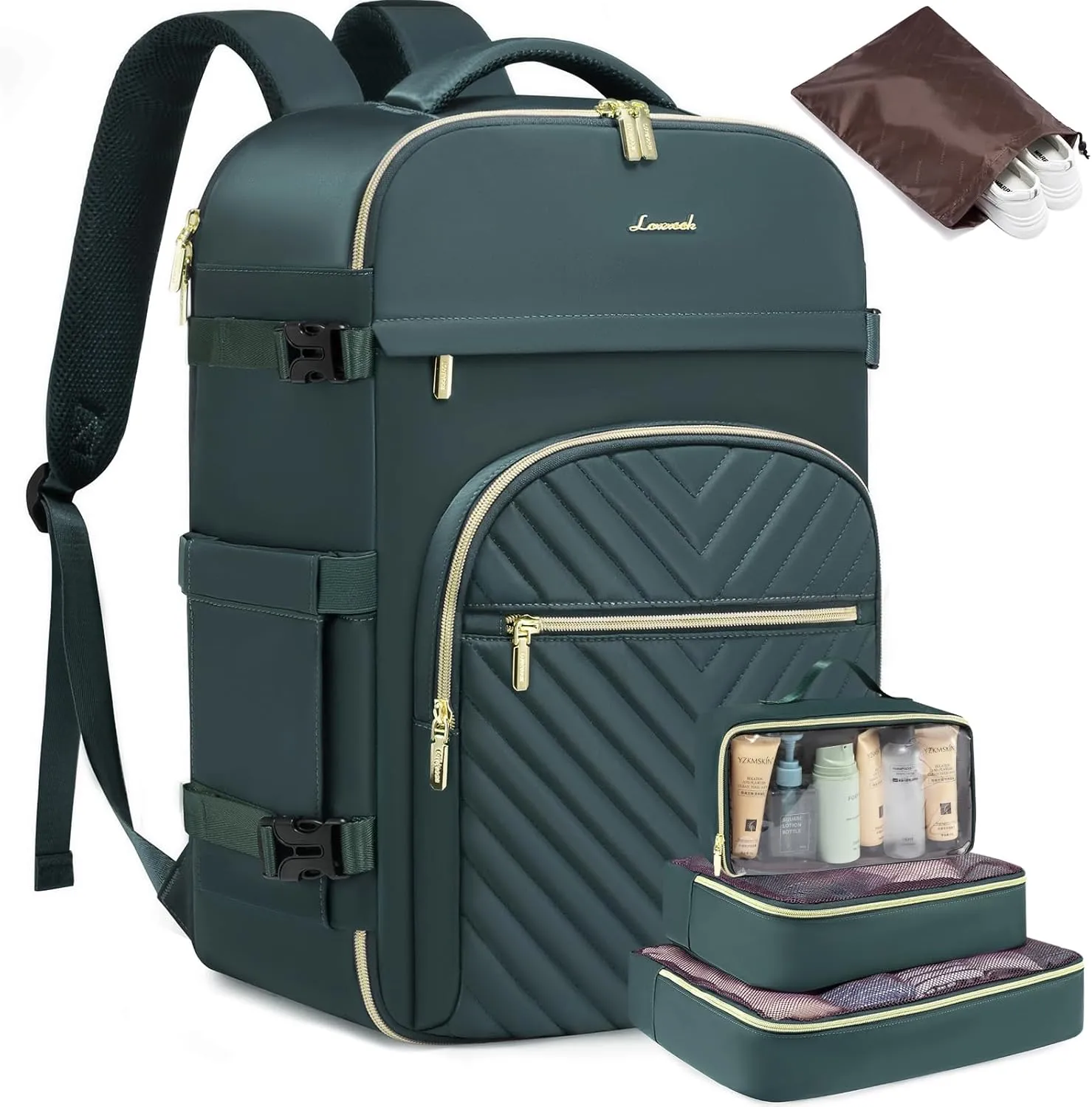 LOVEVOOK Large Travel Backpack for Women, TSA Carry on Backpack for Airplanes, 40L Personal Item Travel Bag fits 17" Laptop, Waterproof Carry on Bag Flight Approved with 4 Packing Cubes, Dark Green