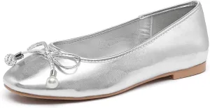 Lryweisy Women's Flats Bow Knit Mary Jane Pearl Ballet Comfortable Dressy Shoes