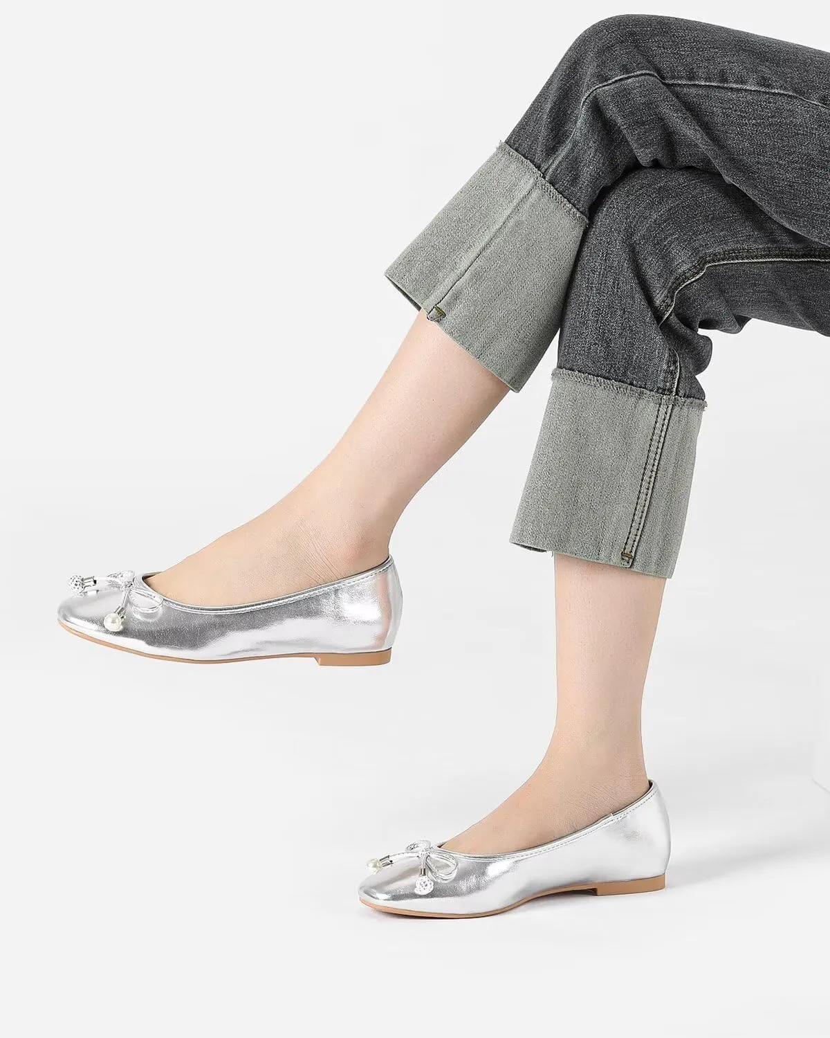 Lryweisy Women's Flats Bow Knit Mary Jane Pearl Ballet Comfortable Dressy Shoes