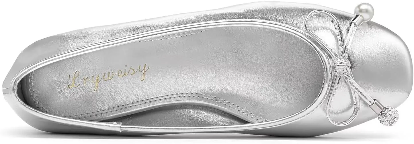 Lryweisy Women's Flats Bow Knit Mary Jane Pearl Ballet Comfortable Dressy Shoes