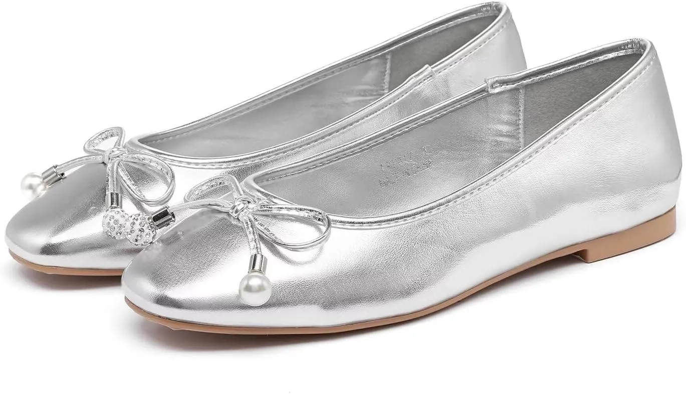 Lryweisy Women's Flats Bow Knit Mary Jane Pearl Ballet Comfortable Dressy Shoes