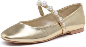 Lryweisy Women's Flats Mary Jane Shoes Women Ballet Flats Pearl Dress Shoes