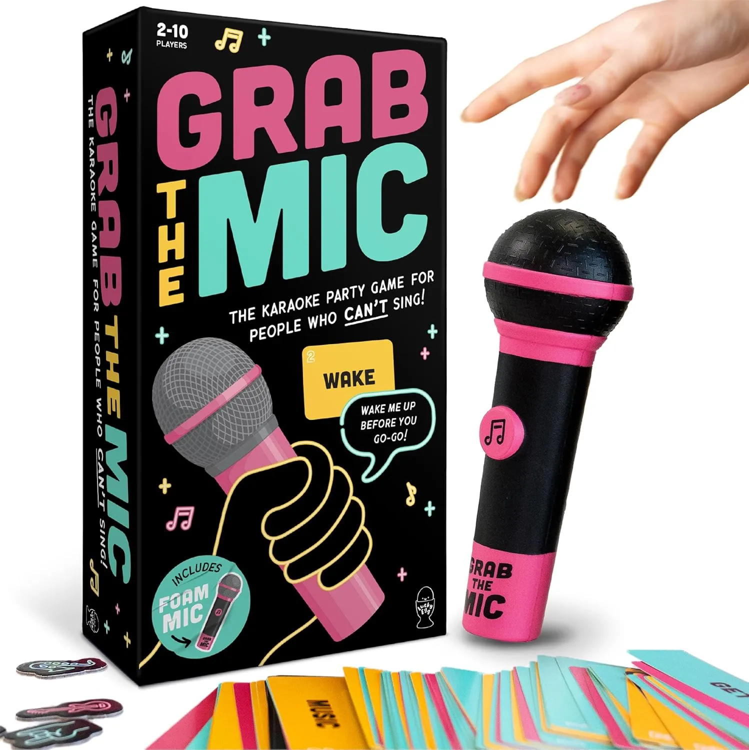 Lucky Egg Official Grab The Mic – Family Karaoke Board Game, 8  Year Olds, 2-10 Players - Games for Bad Singers with 250 Lyrics (125 Cards) for Hilarious Game Nights & Birthday Party, Kids Gift