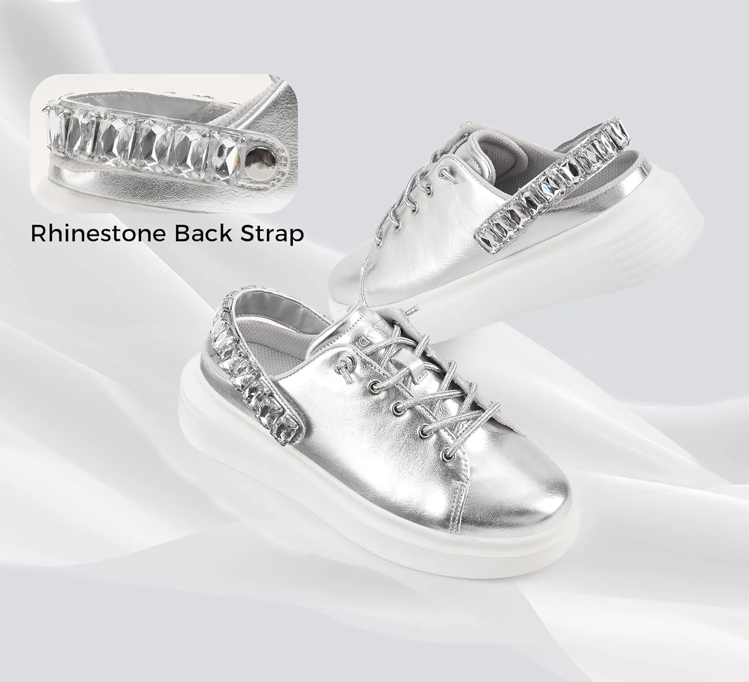 LUCKY STEP Women's Rhinestone Mule Shoes Adjustable Casual Slip On Sneakers Closed Toe Breathable Clogs