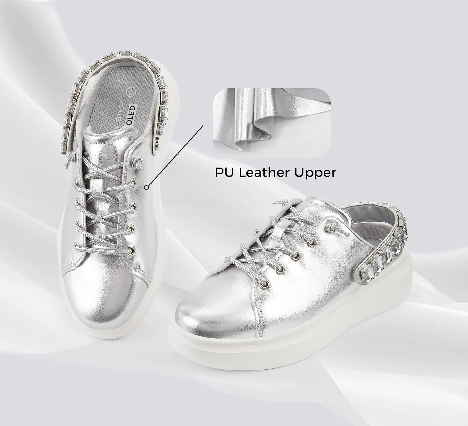LUCKY STEP Women's Rhinestone Mule Shoes Adjustable Casual Slip On Sneakers Closed Toe Breathable Clogs