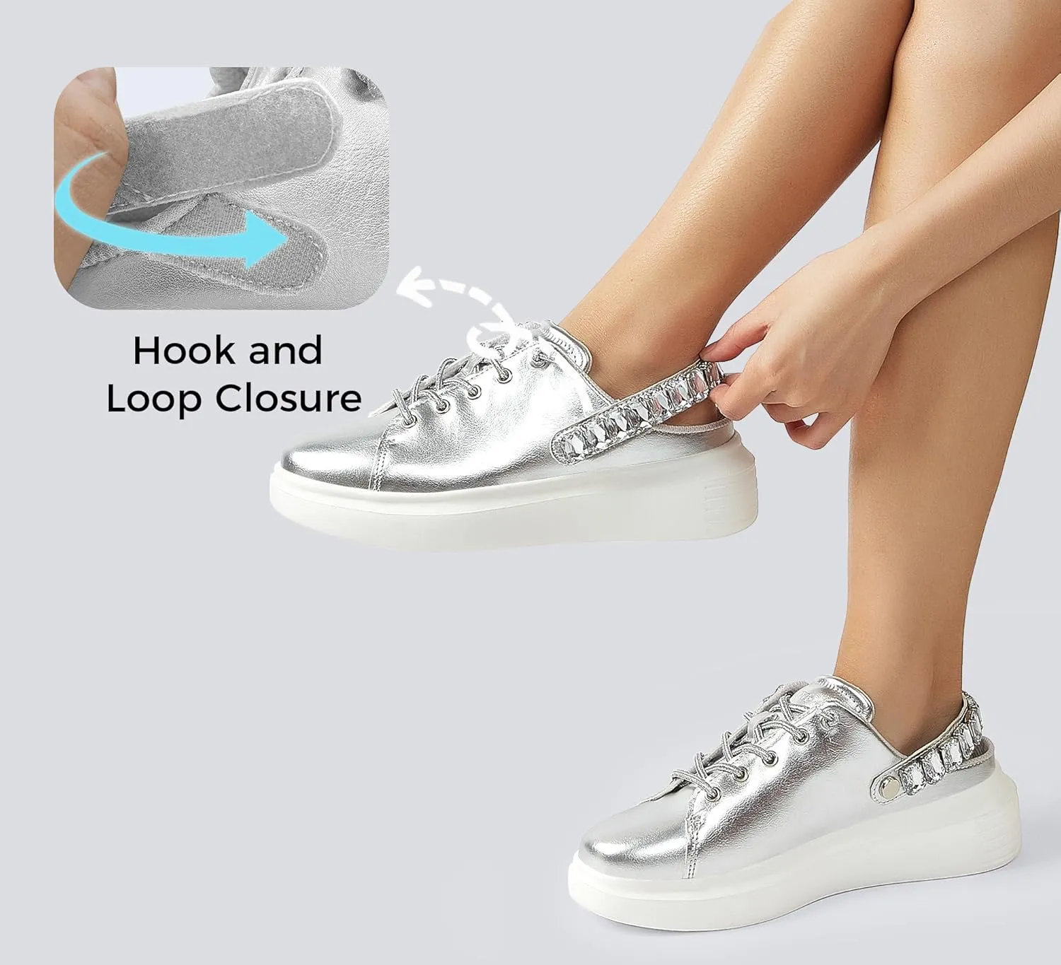 LUCKY STEP Women's Rhinestone Mule Shoes Adjustable Casual Slip On Sneakers Closed Toe Breathable Clogs