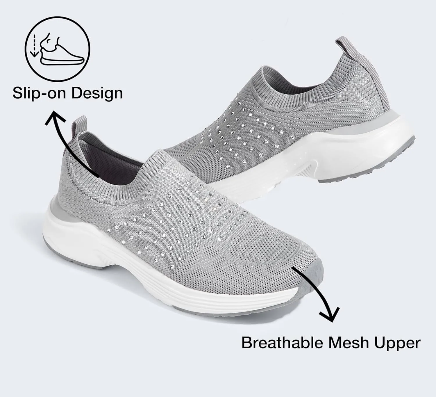 LUCKY STEP Women's Rhinestone Walking Shoes Lightweight Breathable Mesh Trainers Casual Slip On Sparkly Sneakers
