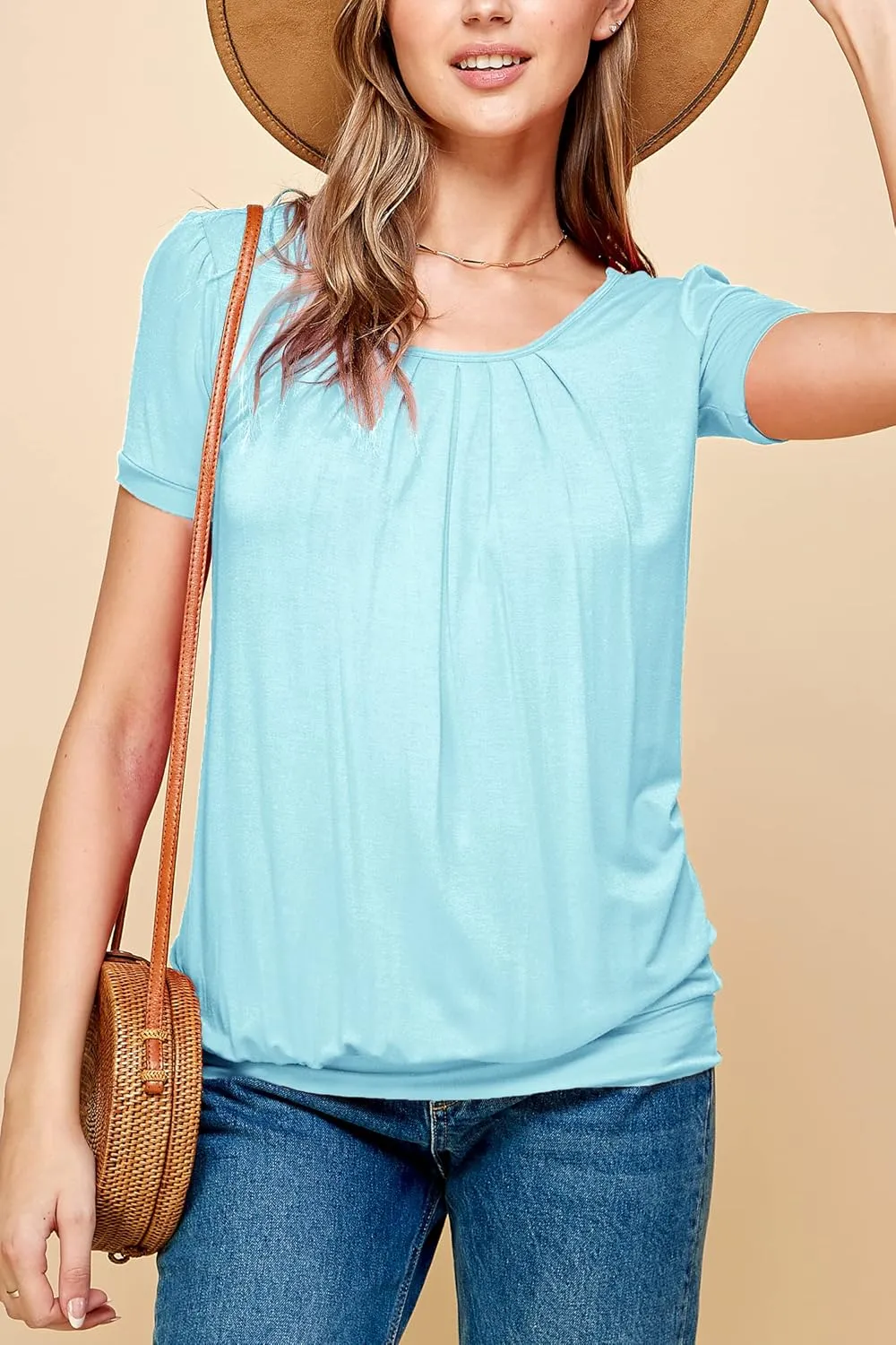 Made By Johnny Women's Scoop Neck Short Sleeve Pleated Front Blouse Tunic Top Plus Size