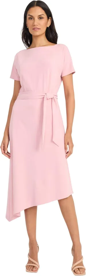 Maggy London Women's Short Sleeve Boat Neck Asymmetrical Belted Midi-Special Occasion-Cocktail Dress