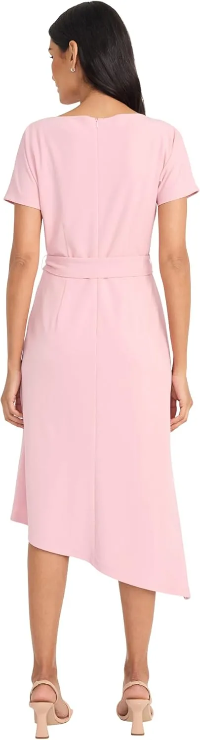 Maggy London Women's Short Sleeve Boat Neck Asymmetrical Belted Midi-Special Occasion-Cocktail Dress