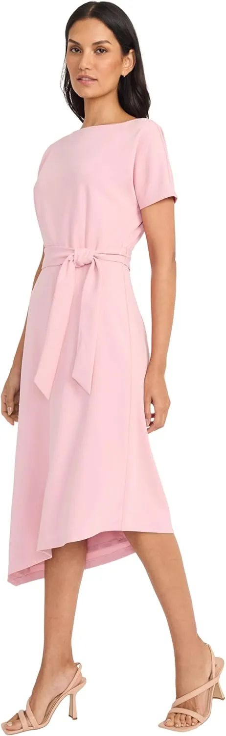 Maggy London Women's Short Sleeve Boat Neck Asymmetrical Belted Midi-Special Occasion-Cocktail Dress