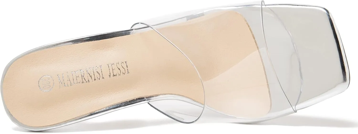 MAIERNISI JESSI Women's Clear Heels Sandals Square Toe High Stiletto Mules Slip on Wedding Dress Heel