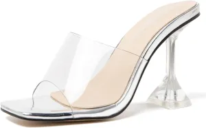 MAIERNISI JESSI Women's Clear Heels Sandals Square Toe High Stiletto Mules Slip on Wedding Dress Heel