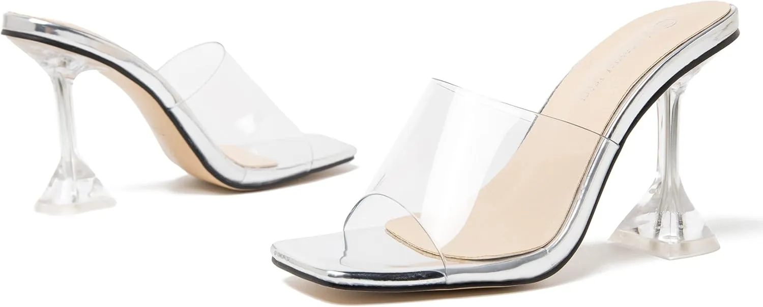 MAIERNISI JESSI Women's Clear Heels Sandals Square Toe High Stiletto Mules Slip on Wedding Dress Heel