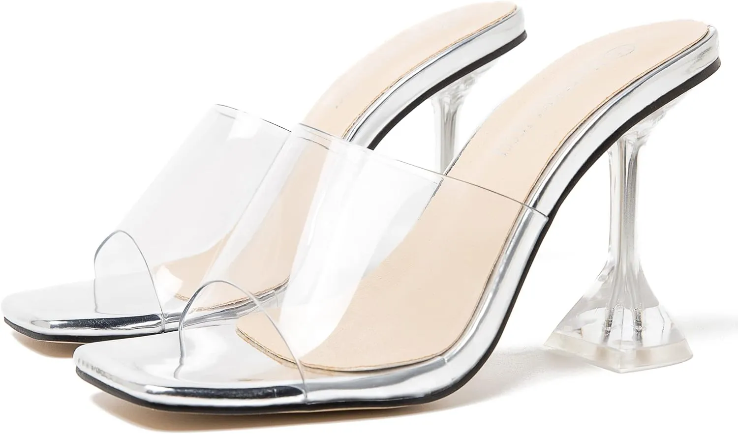 MAIERNISI JESSI Women's Clear Heels Sandals Square Toe High Stiletto Mules Slip on Wedding Dress Heel