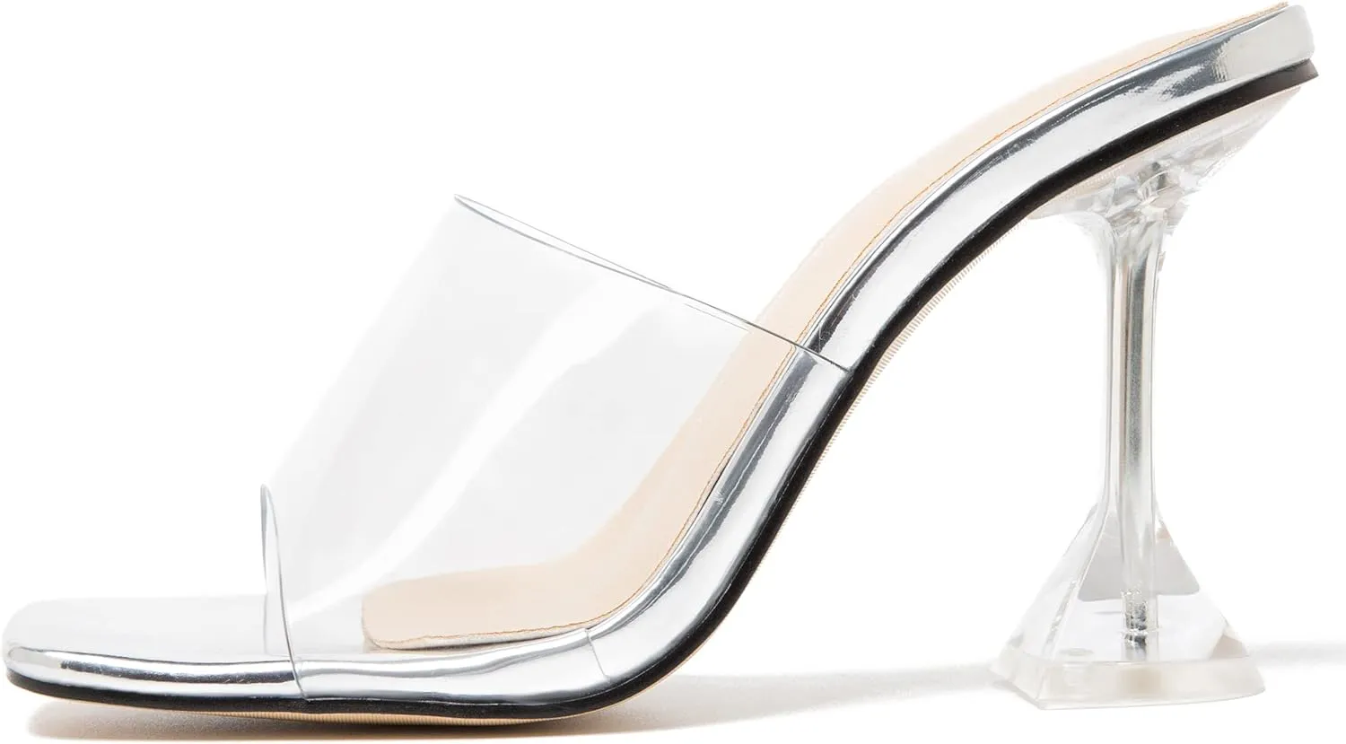 MAIERNISI JESSI Women's Clear Heels Sandals Square Toe High Stiletto Mules Slip on Wedding Dress Heel