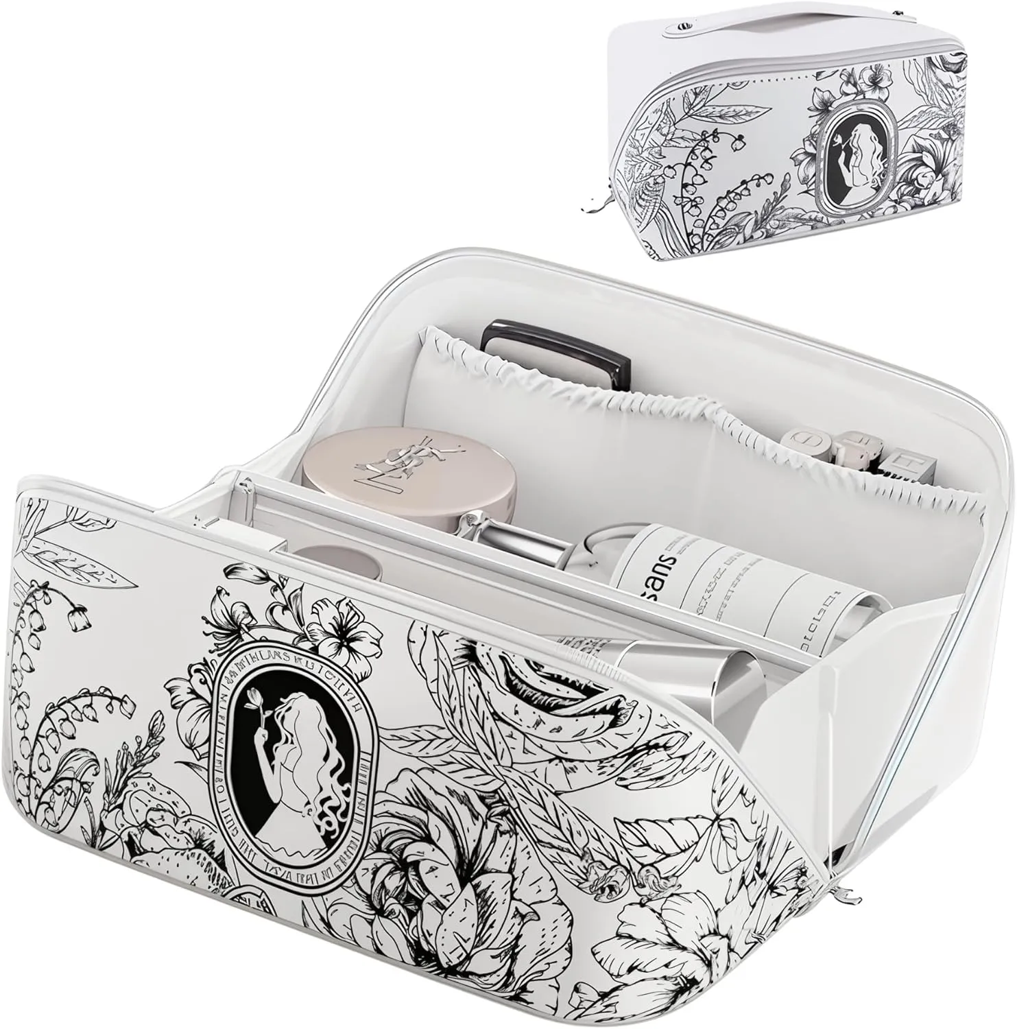 Makeup Bag - French Print Style Travel Cosmetic Bag for Women, toiletry Organizer, Portable Makeup Case, Cute Travel Bag, Beauty Accessories (White Cream)