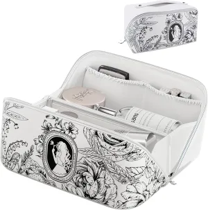 Makeup Bag - French Print Style Travel Cosmetic Bag for Women, toiletry Organizer, Portable Makeup Case, Cute Travel Bag, Beauty Accessories (White Cream)