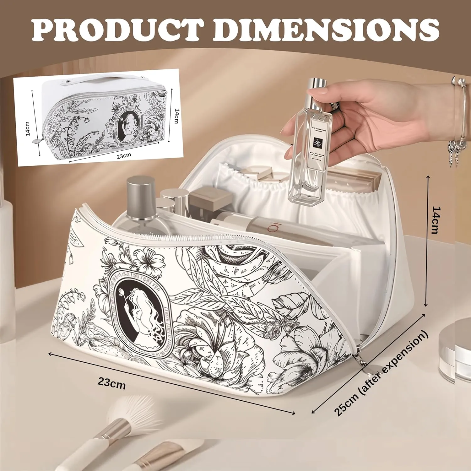 Makeup Bag - French Print Style Travel Cosmetic Bag for Women, toiletry Organizer, Portable Makeup Case, Cute Travel Bag, Beauty Accessories (White Cream)
