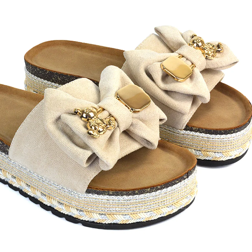 Margot Flatform Slip On Espadrille Summer Bow Wedge Heel Sandals in Beige