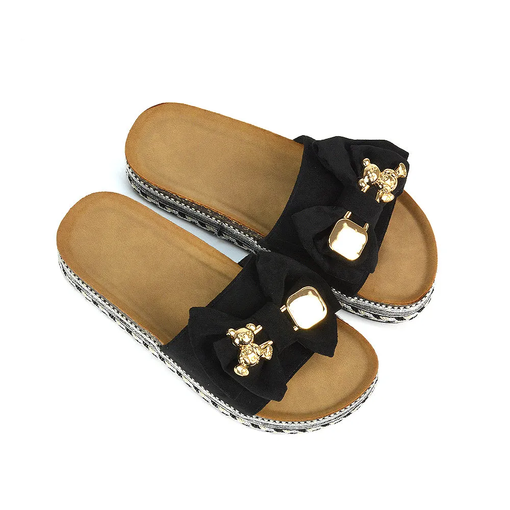 Margot Flatform Slip On Espadrille Summer Bow Wedge Heel Sandals in Black