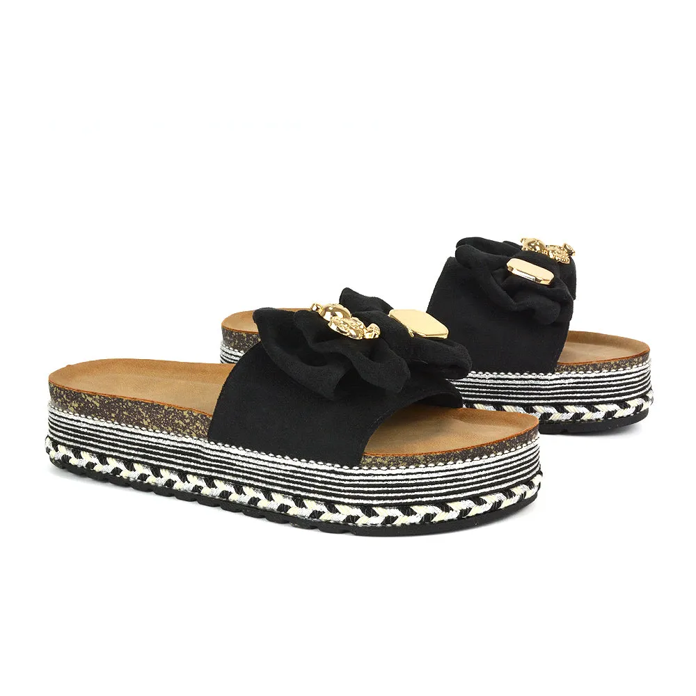 Margot Flatform Slip On Espadrille Summer Bow Wedge Heel Sandals in Black