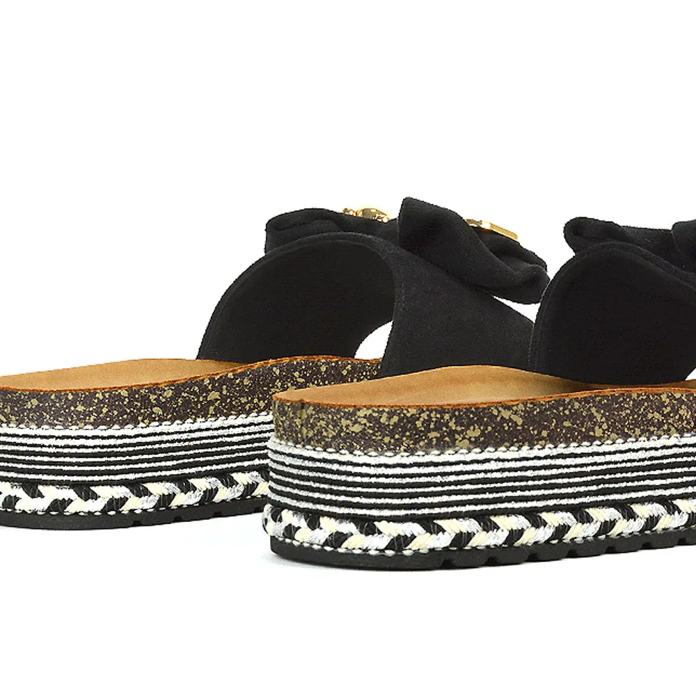 Margot Flatform Slip On Espadrille Summer Bow Wedge Heel Sandals in Black