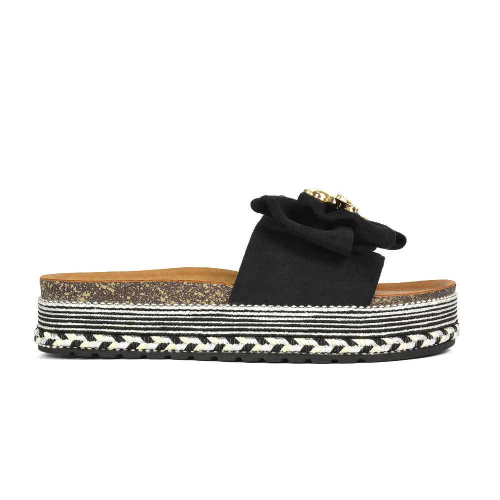 Margot Flatform Slip On Espadrille Summer Bow Wedge Heel Sandals in Black