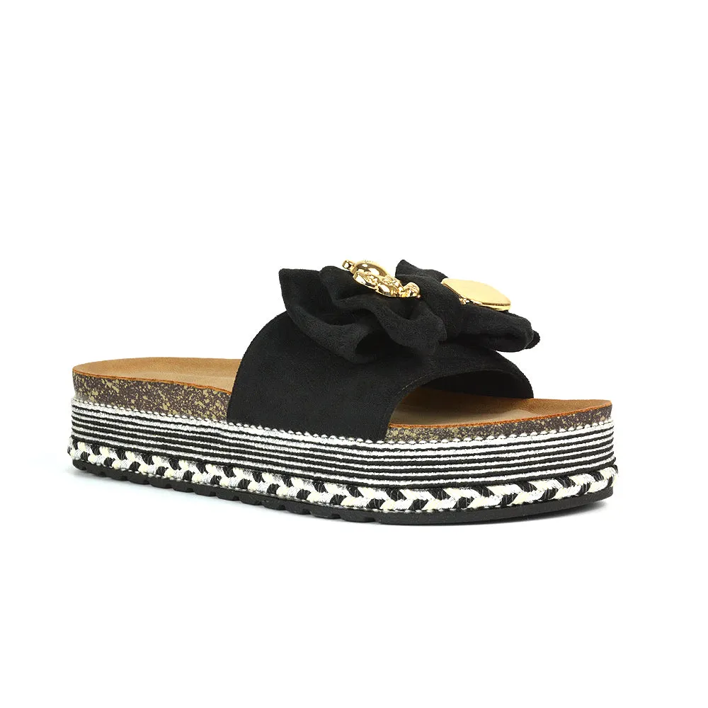 Margot Flatform Slip On Espadrille Summer Bow Wedge Heel Sandals in Black