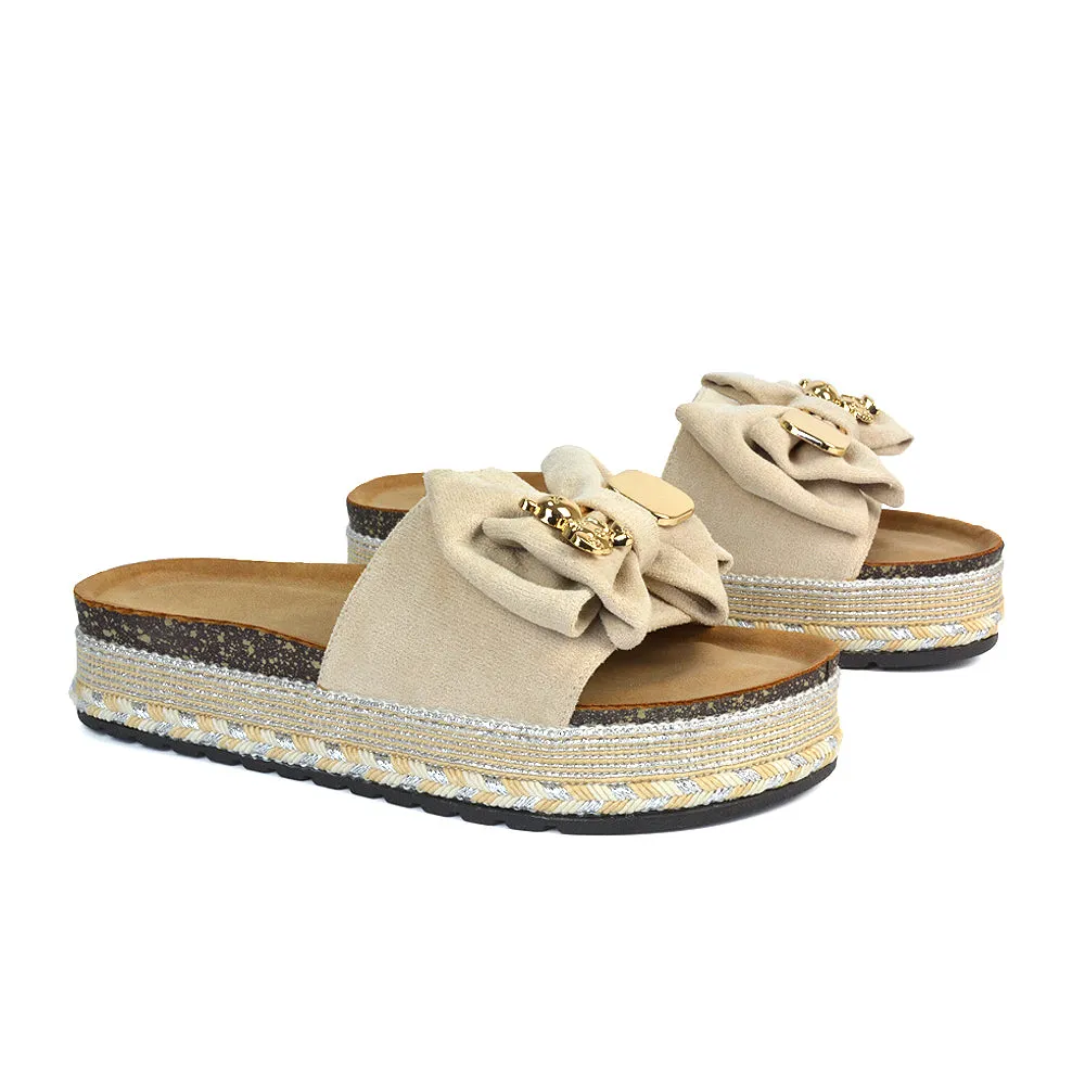 Margot Flatform Slip On Espadrille Summer Bow Wedge Heel Sandals in Black