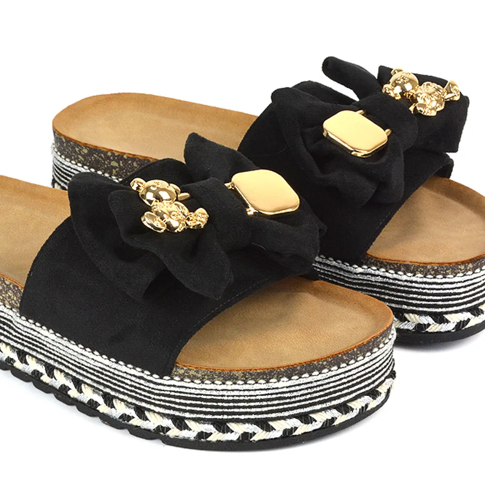 Margot Flatform Slip On Espadrille Summer Bow Wedge Heel Sandals in Black
