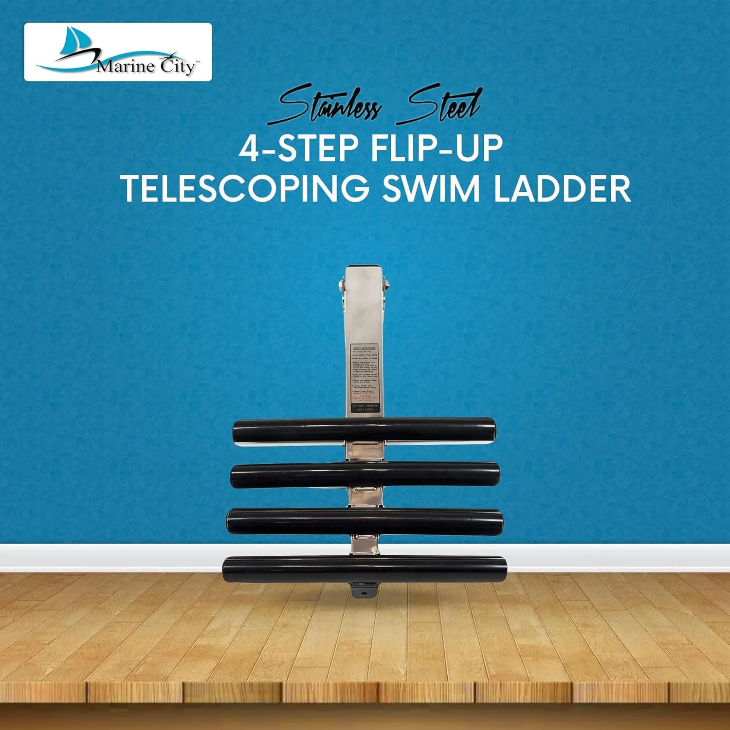 MARINE CITY 4-Step Telescoping Ladder – Stainless Steel, Flip-Up, Anti-Slip, 44” Deployed Length, 13.5” Width, for Marines, Boats, Ships, Yachts (Pack of 1)