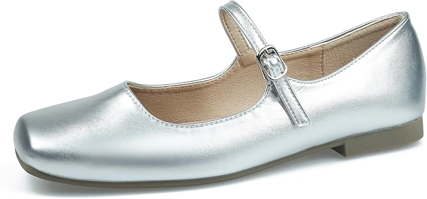 Mary Jane Flats for Women Buckle Ballet Flats Classy Dressy Comfortable Square Toe Slip on Flats Women's Soft Work Casual Dress Shoes