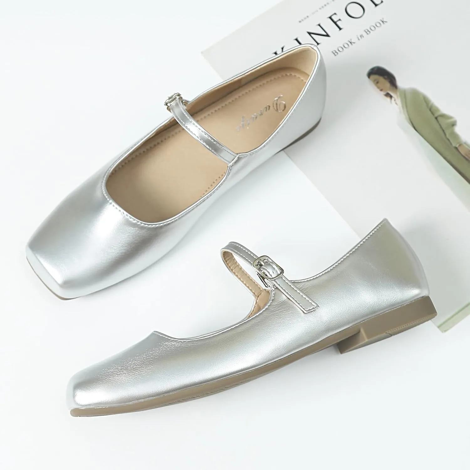 Mary Jane Flats for Women Buckle Ballet Flats Classy Dressy Comfortable Square Toe Slip on Flats Women's Soft Work Casual Dress Shoes