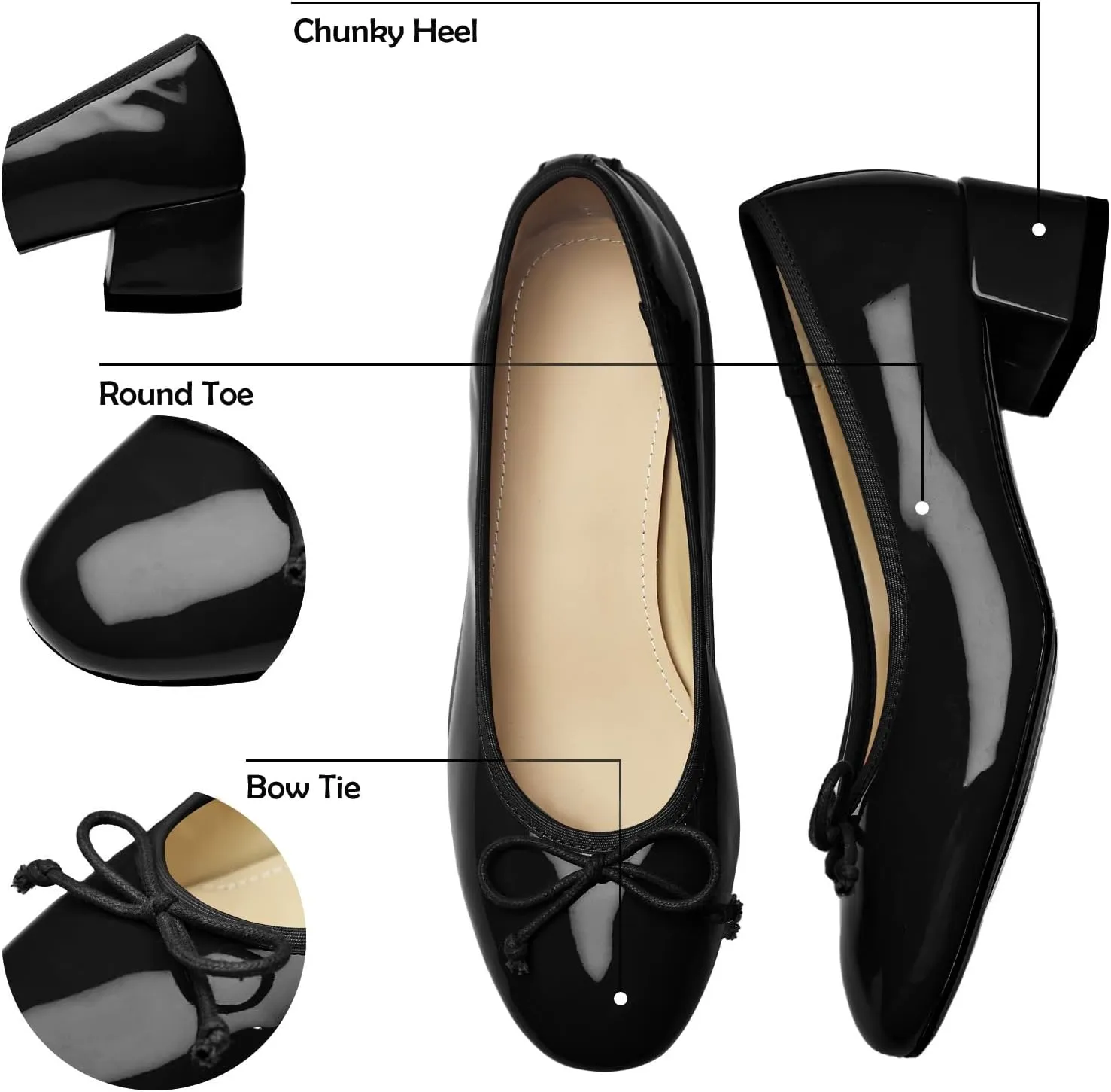 Mary Jane Shoes Women Leather Round Toe Chunky Mid Heel Pumps Ballet Shoes with Bow Tie Closed Toe Comfort Work Casual Ballerina Shoes