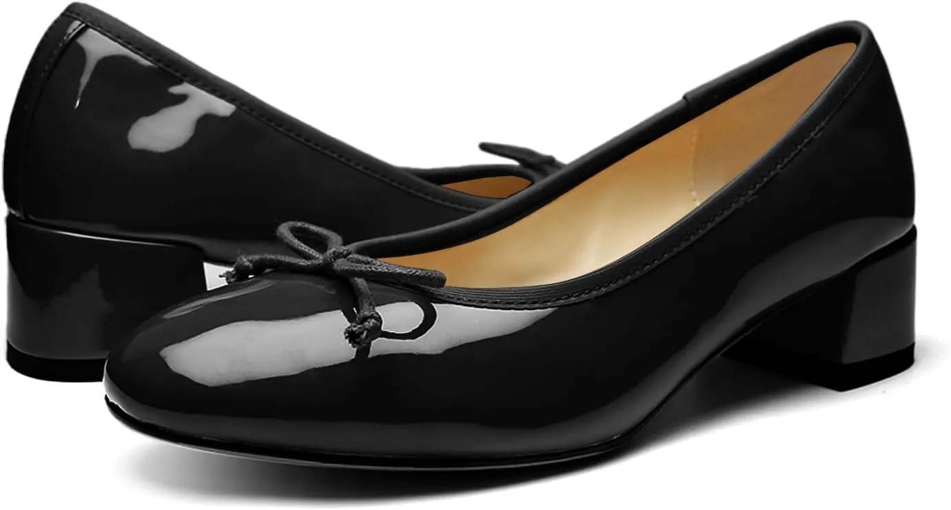 Mary Jane Shoes Women Leather Round Toe Chunky Mid Heel Pumps Ballet Shoes with Bow Tie Closed Toe Comfort Work Casual Ballerina Shoes