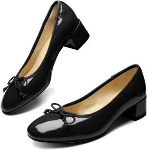 Mary Jane Shoes Women Leather Round Toe Chunky Mid Heel Pumps Ballet Shoes with Bow Tie Closed Toe Comfort Work Casual Ballerina Shoes