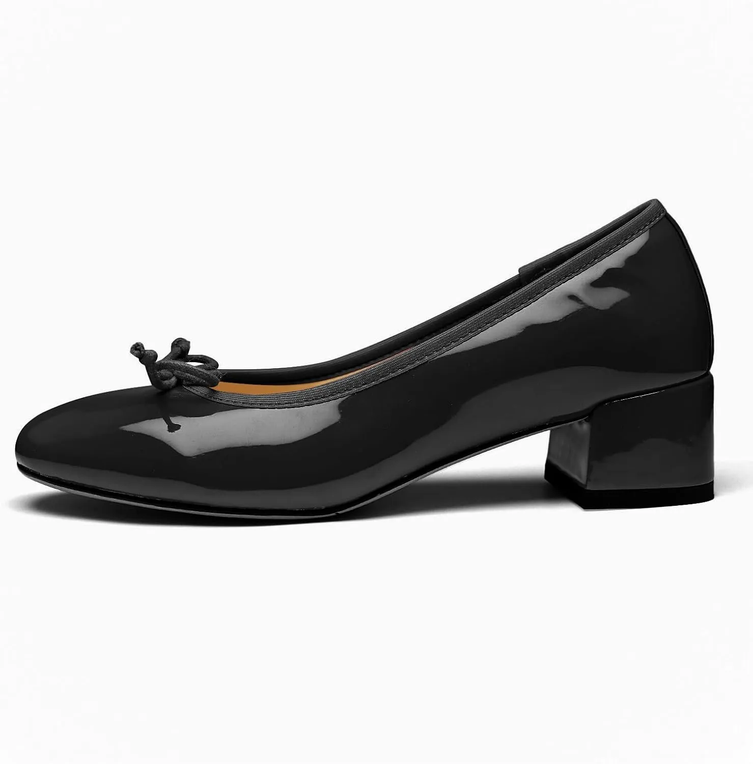 Mary Jane Shoes Women Leather Round Toe Chunky Mid Heel Pumps Ballet Shoes with Bow Tie Closed Toe Comfort Work Casual Ballerina Shoes