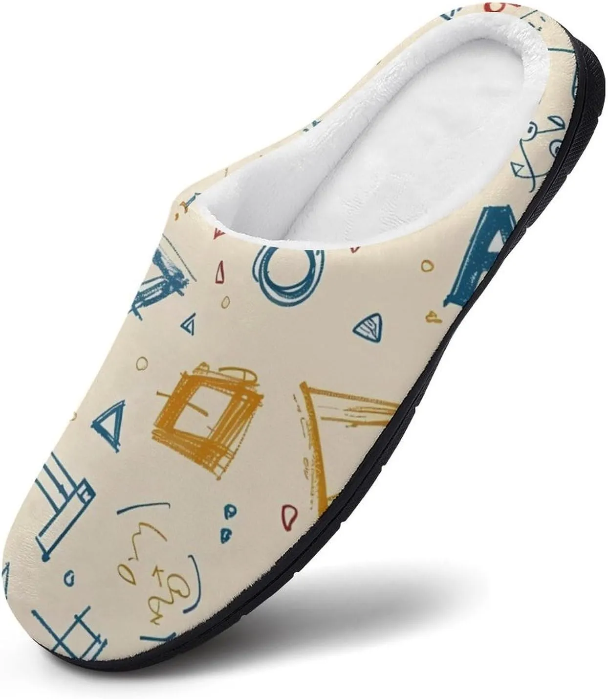 Math Geometry Alphabet Doodles Casual Mens Slippers Warm Soft Comfy Slip On House Shoes Indoor Outdoor