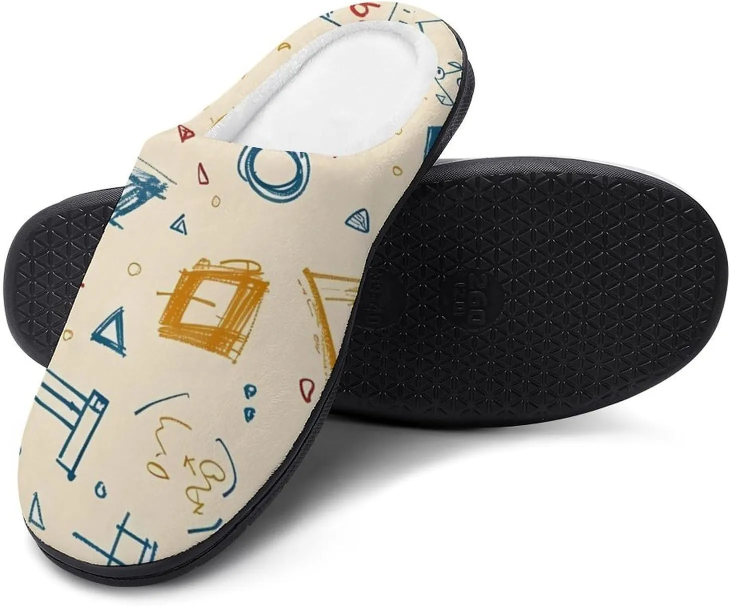 Math Geometry Alphabet Doodles Casual Mens Slippers Warm Soft Comfy Slip On House Shoes Indoor Outdoor