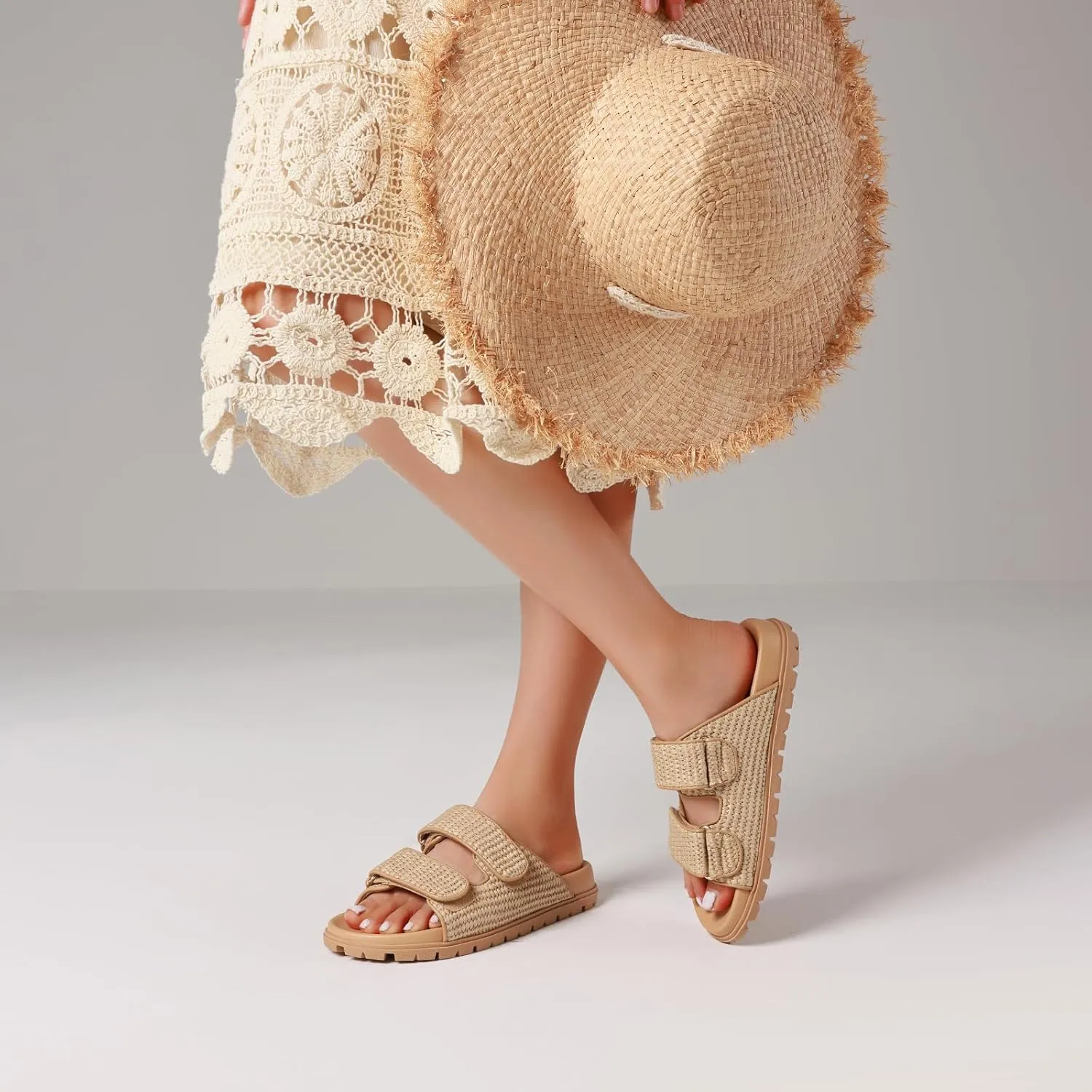 Mattiventon Raffia Sandals for Women Espadrille Summer Beach Sandals Comfortable Slip on Open Toe Flat Sandals for Causal Vacation