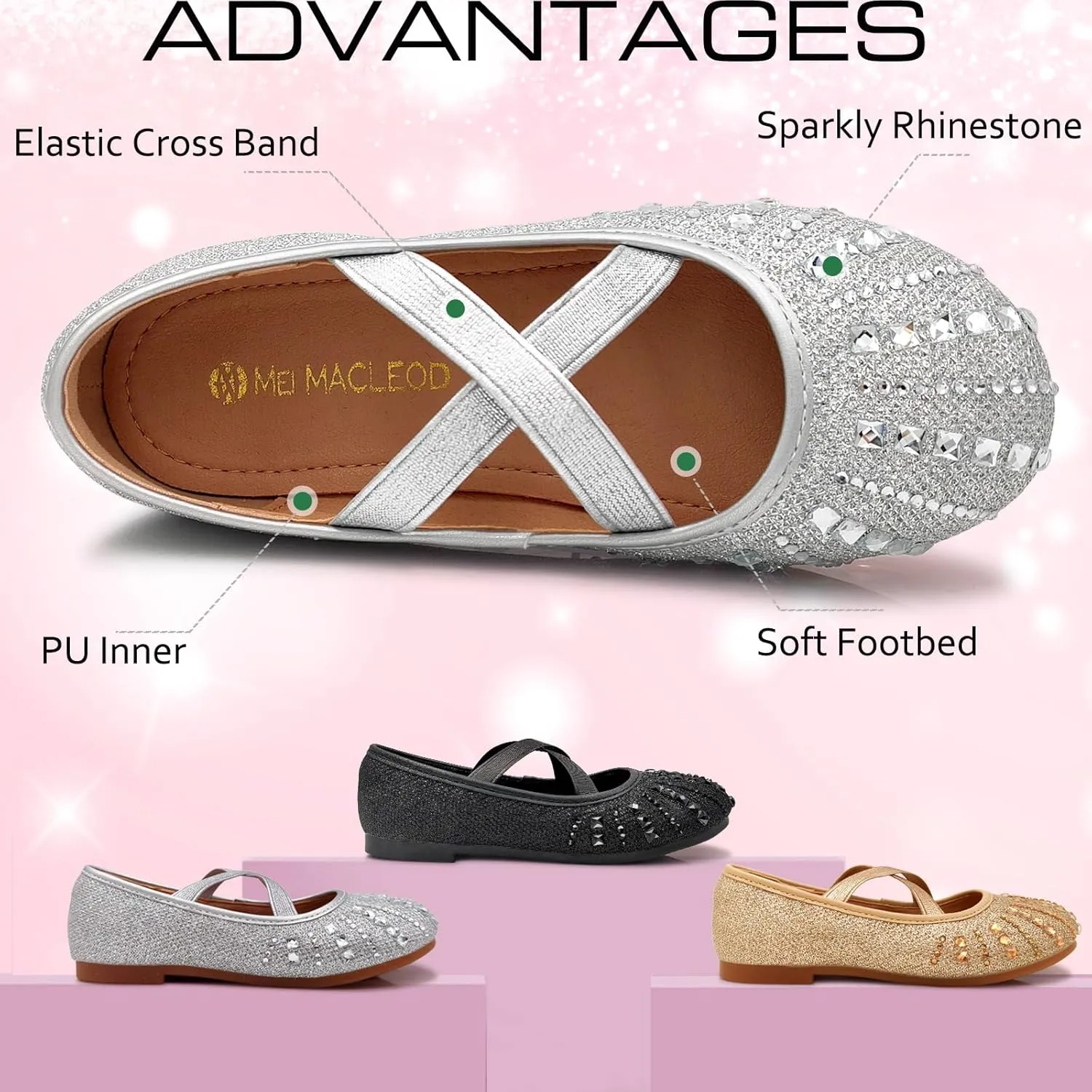 Mei MACLEOD Girls Ballet Flats Glitter Mary Jane Dress Shoes Ballerina