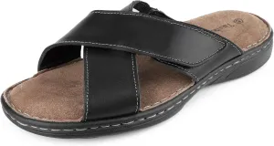 Mens Adjustable Slides Cross Genuine Napa Leather Open Toe Sandals Soft Memory Foam Slip On Sandlas Classic Dress Slides Summer Beach Comfy Slippers Rubber Non Slip Sole