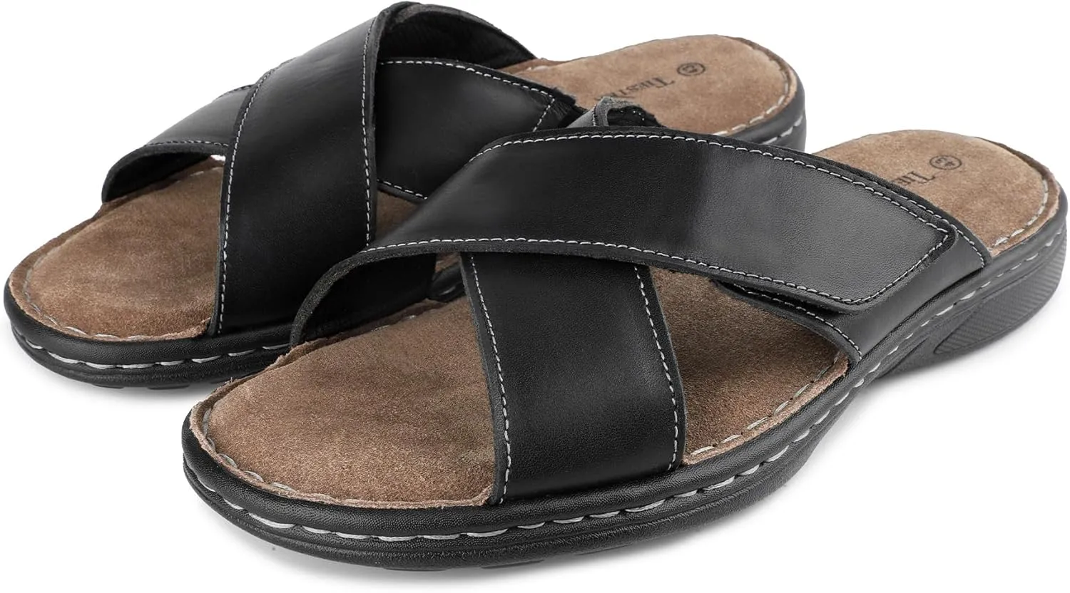 Mens Adjustable Slides Cross Genuine Napa Leather Open Toe Sandals Soft Memory Foam Slip On Sandlas Classic Dress Slides Summer Beach Comfy Slippers Rubber Non Slip Sole