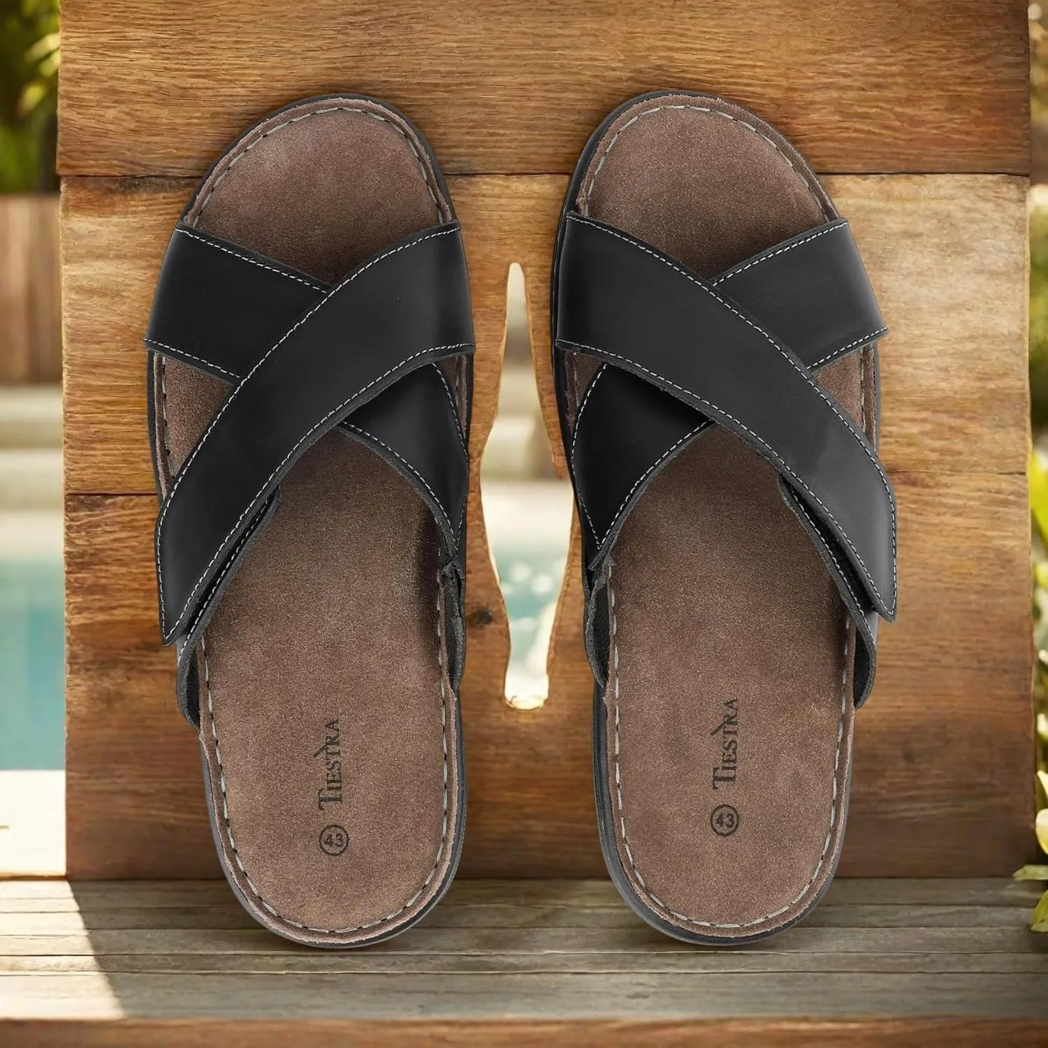 Mens Adjustable Slides Cross Genuine Napa Leather Open Toe Sandals Soft Memory Foam Slip On Sandlas Classic Dress Slides Summer Beach Comfy Slippers Rubber Non Slip Sole