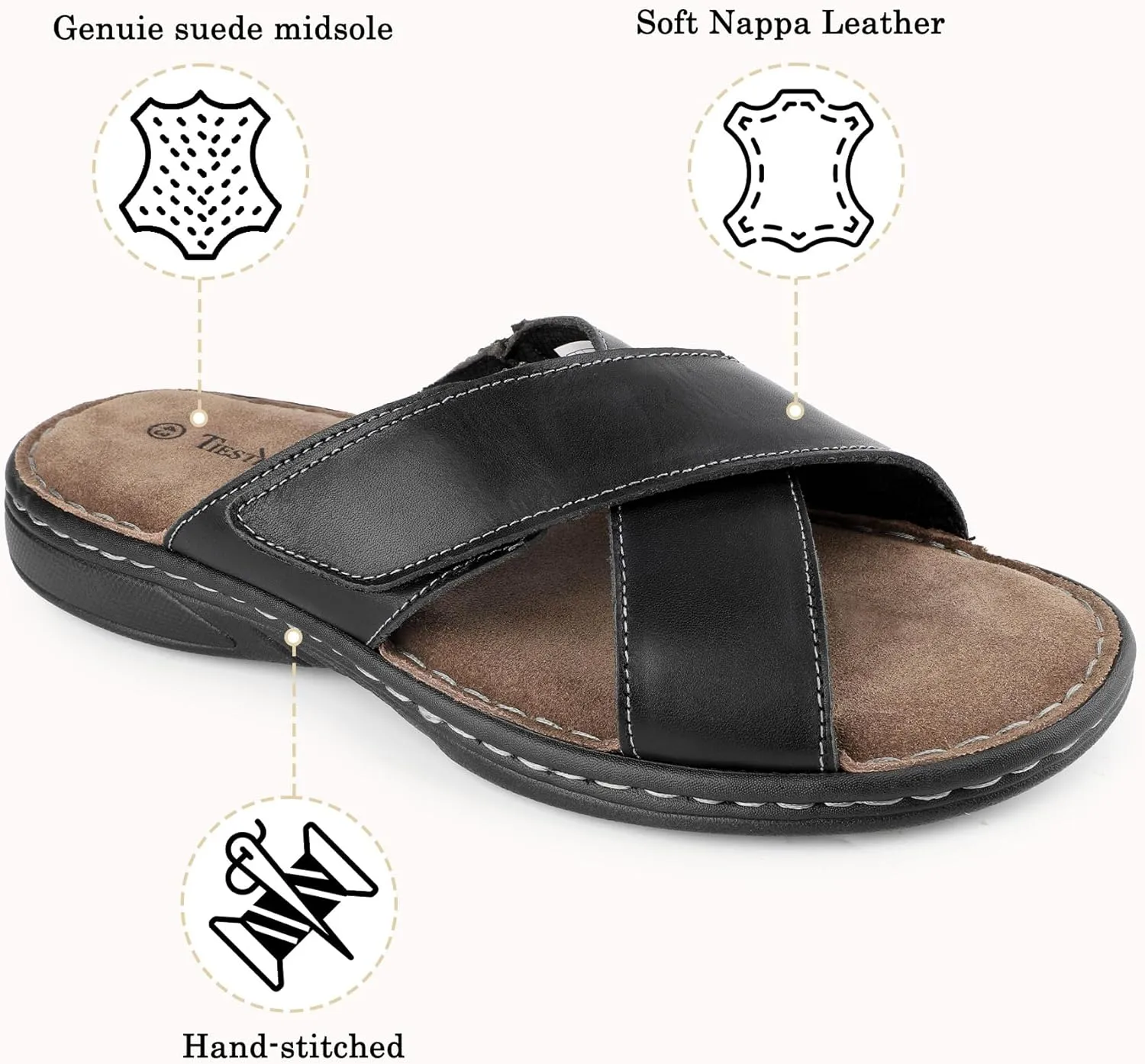 Mens Adjustable Slides Cross Genuine Napa Leather Open Toe Sandals Soft Memory Foam Slip On Sandlas Classic Dress Slides Summer Beach Comfy Slippers Rubber Non Slip Sole