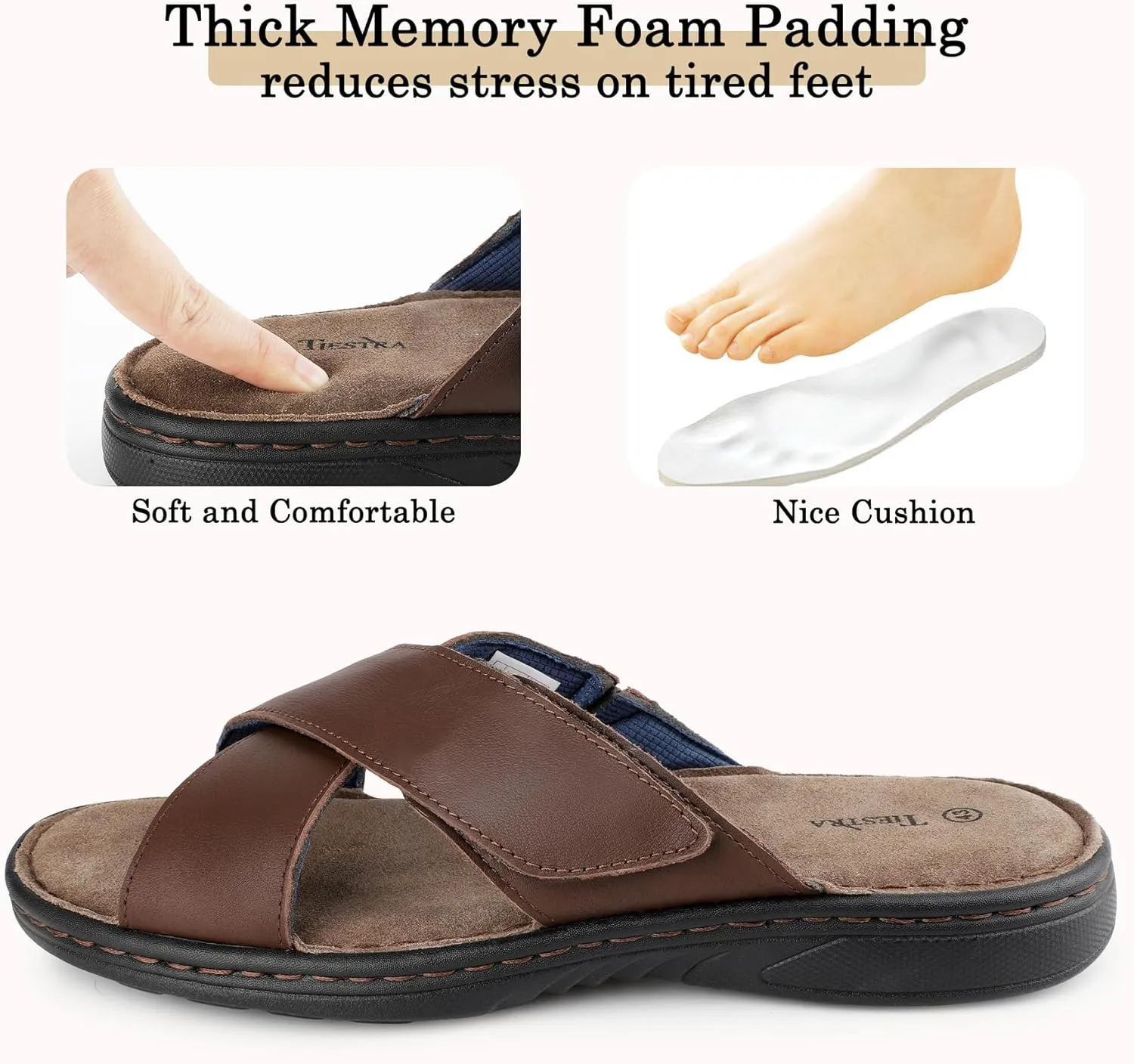 Mens Adjustable Slides Cross Genuine Napa Leather Open Toe Sandals Soft Memory Foam Slip On Sandlas Classic Dress Slides Summer Beach Comfy Slippers Rubber Non Slip Sole