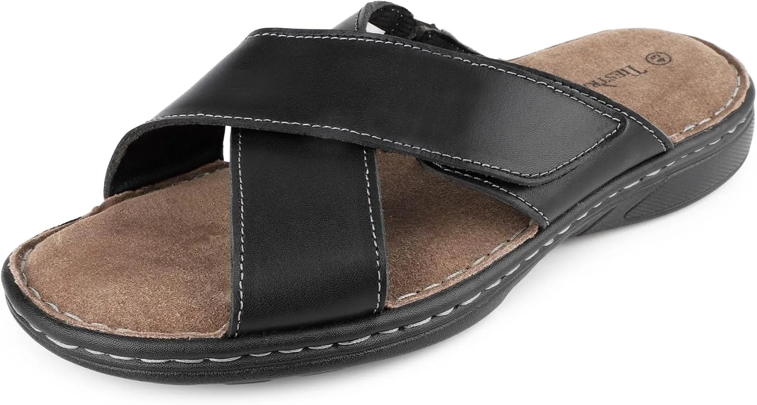 Mens Adjustable Slides Cross Genuine Napa Leather Open Toe Sandals Soft Memory Foam Slip On Sandlas Classic Dress Slides Summer Beach Comfy Slippers Rubber Non Slip Sole