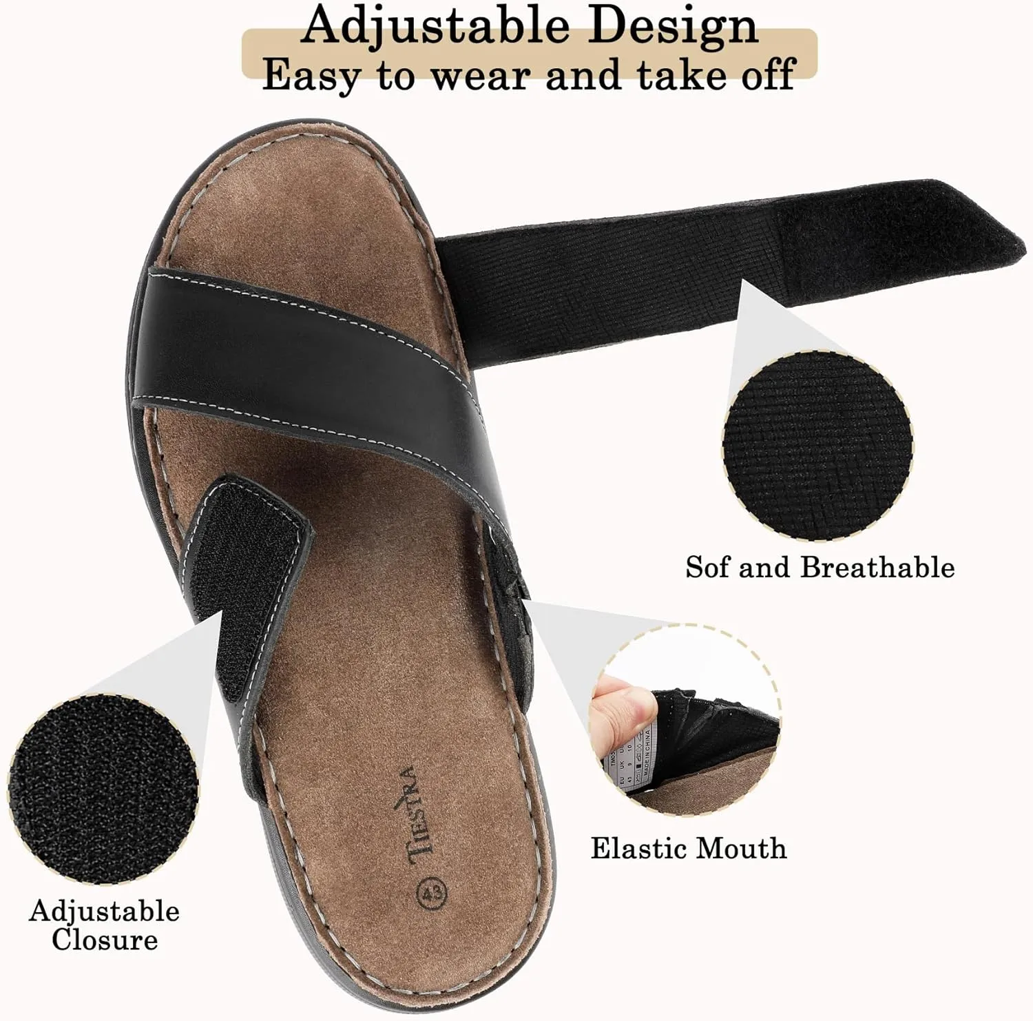 Mens Adjustable Slides Cross Genuine Napa Leather Open Toe Sandals Soft Memory Foam Slip On Sandlas Classic Dress Slides Summer Beach Comfy Slippers Rubber Non Slip Sole